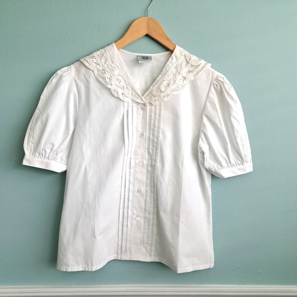 Laura Ashley Vintage White Cotton Lace Sailor Collar Puff Sleeve Blouse Size 10